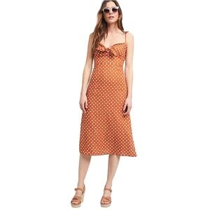 Anthropologie Faithfull Women's Brown White Polka Dot Slit Linen Midi Dress Sz 8